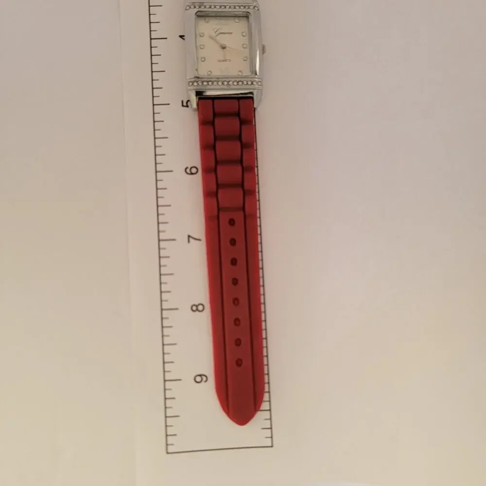 Geneva Womens Watch White Dial Silver Case Red Silicone Band Rectangle Quartz